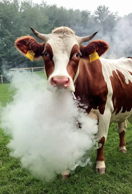<lora:VapeXL-08:1.0> VapeXL, cow blowing smoke