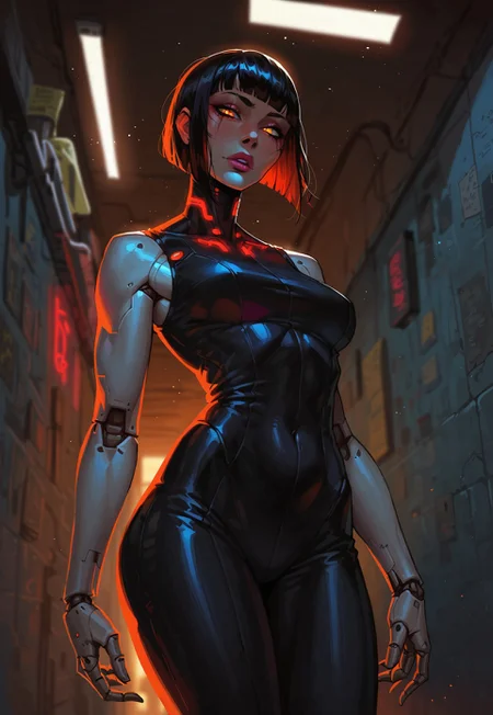 safe_pos, score_9, score_8_up, score_7_up, cyberpunk, 1girl, asian, android, bob cut, bodysuit, robot joints, sleeveless, semi-realistic, standing, wide hips, fit, parted lips, seductive, pinup pose, from below, hallway, red eyes, glowing eyes, halfbody portrait, backlightning, glowing, depth of field, g0thicPXL, neon