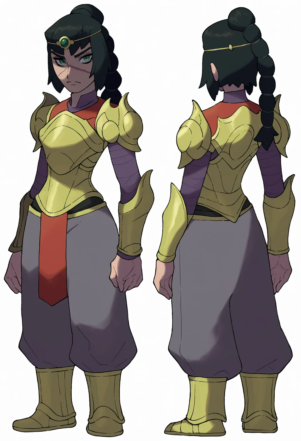 sugimori ken,
score_9, score_8_up, score_7_up, BREAK,
1girl, solo, shadowheart, black hair, braided ponytail, green eyes, scar on face, circlet,
solo, looking at viewer, armor, pants, standing, looking at viewer, white background <lora:ShadowHeartXL:0.8>, <lora:KenSugimoriPDXLLocon_byKonan:1>