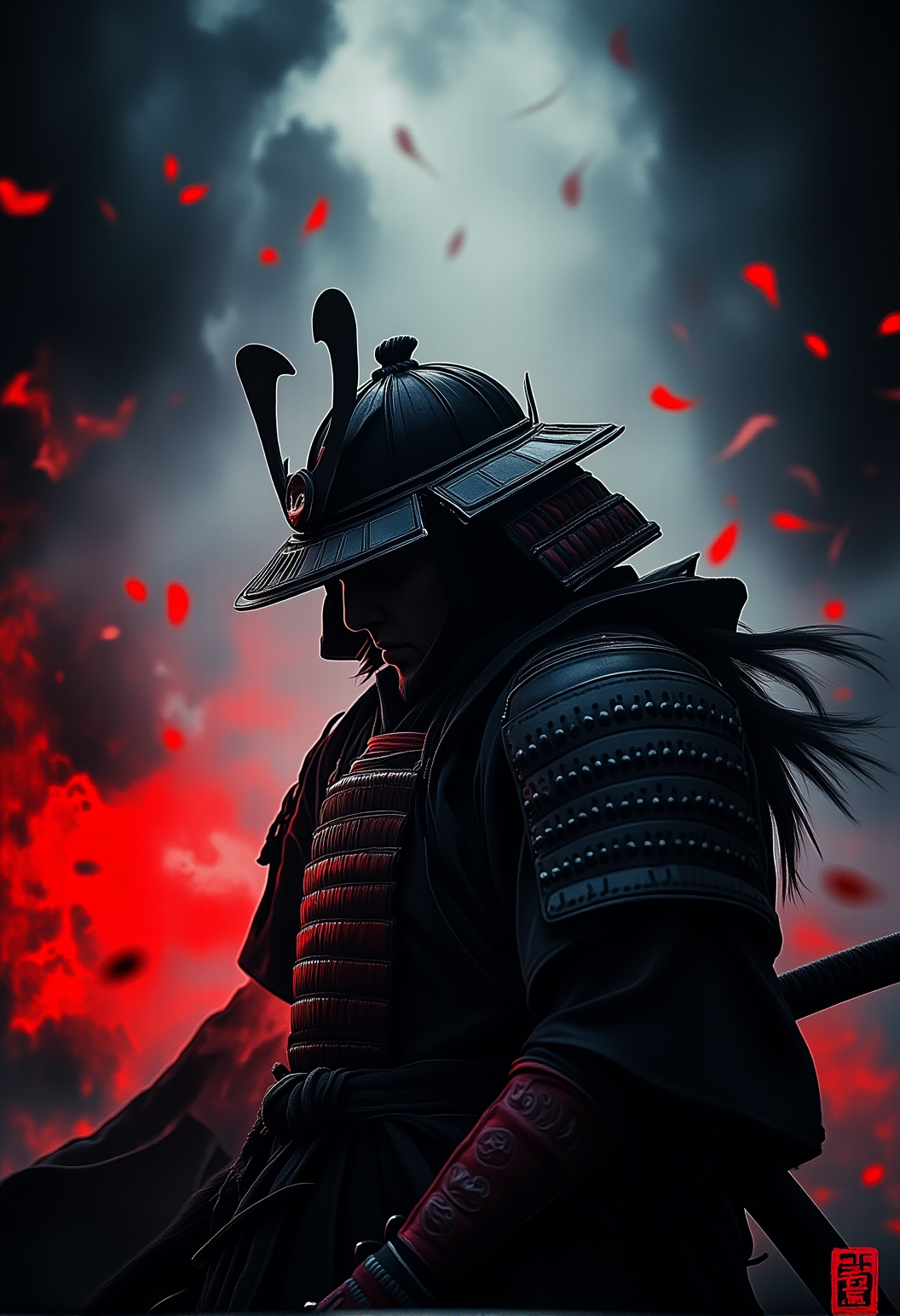 . A wide-angle shot of a male Samurai standing still, surrounded by swirling fog and red embers wearing traditional black armor with intricate red details, with dark, looming clouds in the background. The atmosphere is mysterious and cinematic, with splashes of red accents blending into the scene., <lora:bv-crimson-ronin-style-v1.safetensors:1.0:1.0>