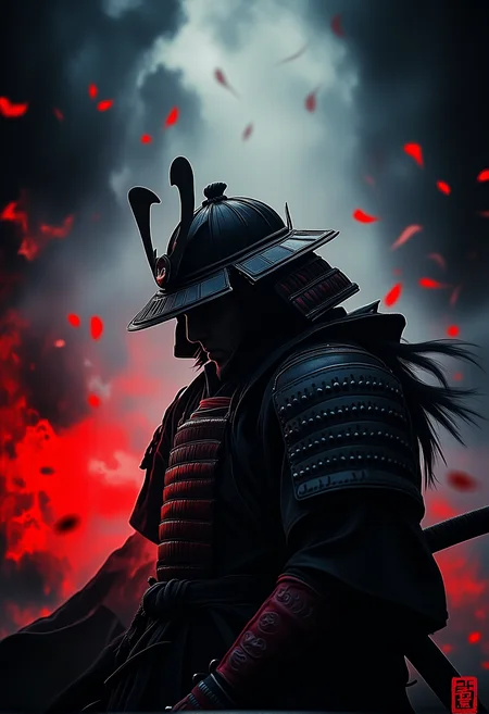 . A wide-angle shot of a male Samurai standing still, surrounded by swirling fog and red embers wearing traditional black armor with intricate red details, with dark, looming clouds in the background. The atmosphere is mysterious and cinematic, with splashes of red accents blending into the scene., <lora:bv-crimson-ronin-style-v1.safetensors:1.0:1.0>