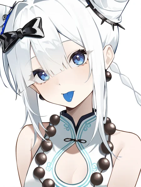 1girl,china dress,solo,suiyinzi,very long hair,white background,(simple background:1.2),,white hair,looking_at_viewer,front view,no_gloves,tongue_out,close-up,deep blue,eyes visible through hair,<lora:suiyinzi-000010>, masterpiece, best quality, very aesthetic, absurdres