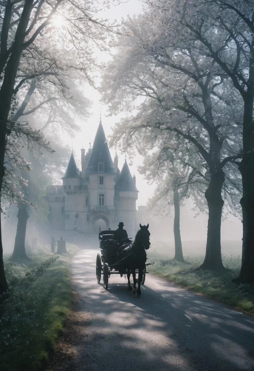 cinematic adventure documentary still, fantasy climax, shot on kodak portra 400, epiCPhoto, action adventure, (a detailed (chateau:1.2) rises from the mist in the background), a sensational (black horse-drawn coach) emerges from the haze on the tree lined road to the (chateau:1.2), glorious, inspiring, arousing interest, fearless and bold and shameless, dark<gleaming>, singular, secret, sensational realism, dramatic lighting, candid, (beautiful scenery and springtime blossoms and the rays of sun) belies danger, interplay of light and darkness evokes a sense of power and mystery, and zavy-rmlght, chiaroscuro, detailxl