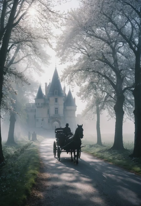cinematic adventure documentary still, fantasy climax, shot on kodak portra 400, epiCPhoto, action adventure, (a detailed (chateau:1.2) rises from the mist in the background), a sensational (black horse-drawn coach) emerges from the haze on the tree lined road to the (chateau:1.2), glorious, inspiring, arousing interest, fearless and bold and shameless, dark<gleaming>, singular, secret, sensational realism, dramatic lighting, candid, (beautiful scenery and springtime blossoms and the rays of sun) belies danger, interplay of light and darkness evokes a sense of power and mystery, and zavy-rmlght, chiaroscuro, detailxl