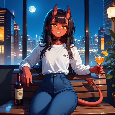 score_9, score_8_up score_7_up, score_6, BREAK masterpiece, high quality, perfecteyes, detailed background, depth of field, SkinDetail, cinematic lighting, shading, meruccubus, 1girl, 2d, red tail, horns, demon tail, long hair, black hair, choker, yellow_eyes, freckles, colored skin, red skin, demon_girl, flat chest, black outline, looking outside window, bottle, relaxing, holding glass cocktail, focus solo, on side, sitting window bench, long sleeves, white shirt, blue pants, shirt, indoors, building, interior, night sky, moon, city lights, city background, city theme, huge glass windows, smile