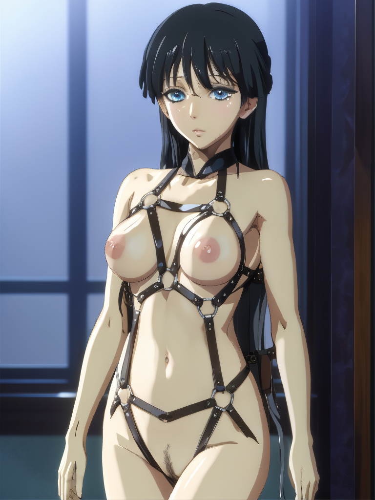 8k anime screencap of upper body shot of beautiful nude 1girl with black hair wearing harness, intricate, highly detailed, (masterpiece, finely detailed beautiful eyes: 1.2), high definition