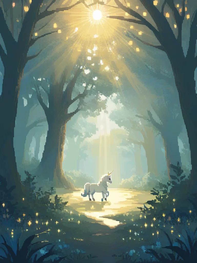 <lora:pixel style-000007:1>,pixel style,Envision a serene clearing in an enchanted forest,where a majestic unicorn gently approaches a curious child. The scene is bathed in the soft,golden light of sunset,casting long shadows and creating a magical atmosphere.,