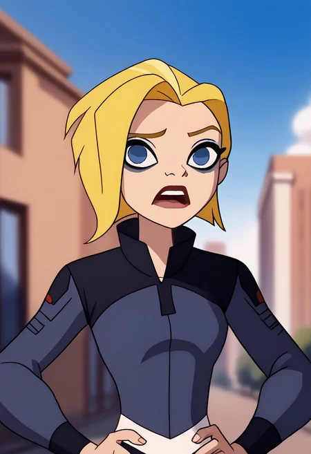 Score_9, score_8_up, score_7_up, score_6_up, SpecStyle, <lora:SpecPony:1.1>, wide shot, animated kara, blonde hair, short hair, teeth, looking at viewer, open mouth, blue sky, blurry background, building, blurry, parody, blue eyes, 1girl, solo, outdoors, day, makeup, upper body, female focus, hands on hips, bodysuit