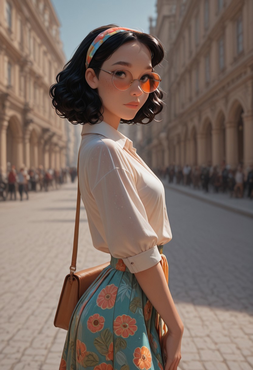 masterpiece, ultra-HD, cinematic lighting, photorealistic, high detail, depth of field, (blurred background), (dappled lighting), best quality, very aesthetic, 8k, mmasterpiece, best quality, 8k, light particles, 1girl, short curly black hair, headband, round face, petite, freckles, body freckles, looking at viewer, dramatic pose, skindentation, outdoors, paris, oversized write collared top, sun glasses, view from side, hand bag, colorful print skirt