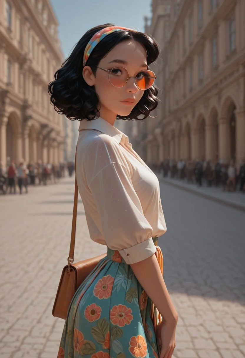 masterpiece, ultra-HD, cinematic lighting, photorealistic, high detail, depth of field, (blurred background), (dappled lighting), best quality, very aesthetic, 8k, mmasterpiece, best quality, 8k, light particles, 1girl, short curly black hair, headband, round face, petite, freckles, body freckles, looking at viewer, dramatic pose, skindentation, outdoors, paris, oversized write collared top, sun glasses, view from side, hand bag, colorful print skirt