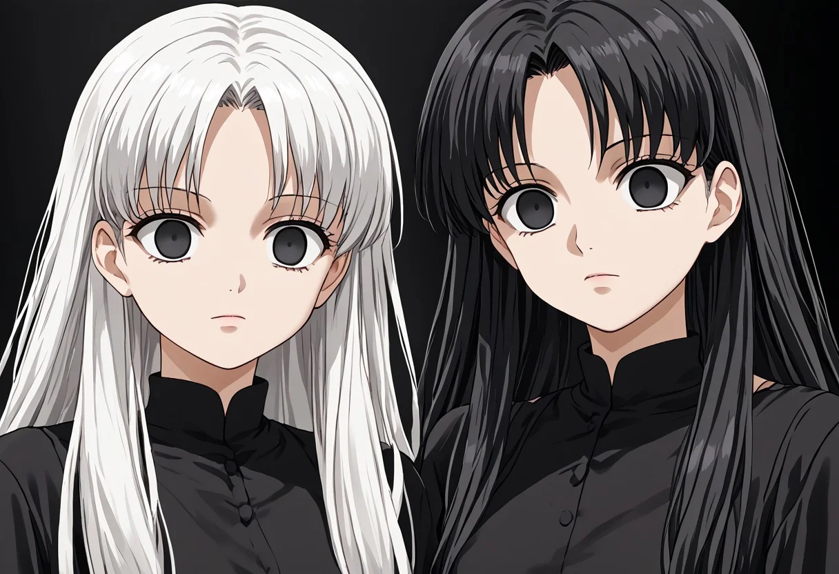 anime, empty eyes, hypnotized, females, adult, casual dress, long hair, black hair, white hair, black eyes, white eyes, twins, close up