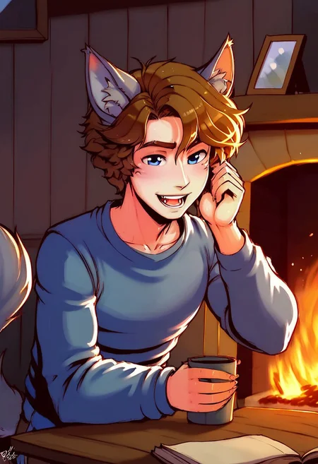 score_9, score_8_up, score_7_up, score_6_up, source_anime, (1guy, solo), (happy), animal ears, tail, holding sandwiche, BRAKE,
{1guy, fkwolfy, male, blue eyes, (grey wolf ears), grey wolf tail, brown hair}, BRAKE, 
(Detaield background, Druid home underground, dirt cave home, fireplace, cast iron pot, small table),
BREAK, 
beautiful anatomy, (masterpiece:1.2), Expressiveh, (best quality:1.2), (intricate:1.2), (highly detailed:1.2), (sharp:1.2), (highres, 8k, HDR:1.2), cinematic lighting, vivid colors, (detailed background),