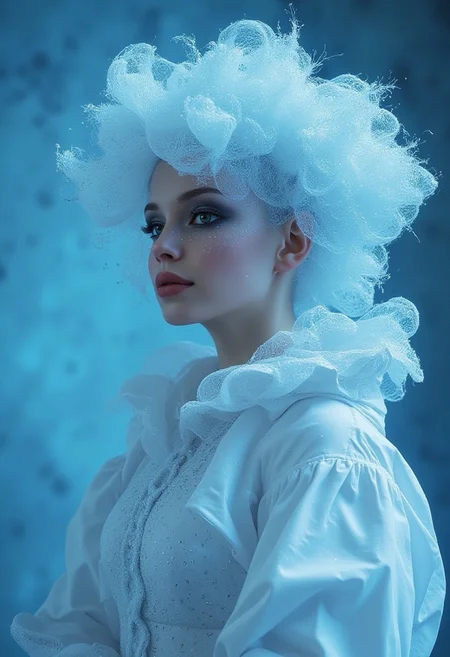 Cinematic Style, High Quality, Beauty, Realism, Chiaroscuro, Photorealism, Film Still, (Masterpiece), By Eric Lacombe By Patrice Murciano Frostpunk Fashion Photography, white glacial blue, minimalism, smoked eye shadow, illuminated white bulging biomorphic dot pattern, glacial landscape, glacial flowers, bokeh snowflakes, volumetric particle dust, powdered paint pigment, vivid color, misty aether houte - couture rococo glacial clothing, holga medium format camera, etherial lighting, backlighting, in the style of, professional ominous concept art, by artgerm and greg rutkowski, an intricate, elegant, highly detailed digital painting, concept art, smooth, sharp focus, illustration, in the style of simon stalenhag, wayne barlowe, and igor kieryluk.