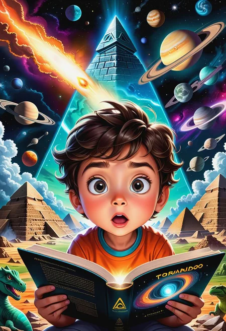 ultra detailed illustration close up science kid reading a book, surprised face in awe, cartoon style, dark background environment, surrounded by smaller images of a pyramid, alien, Saturn , rocket, E=MC2 , and tornado, dinosaur in far background, very colorful, bright
