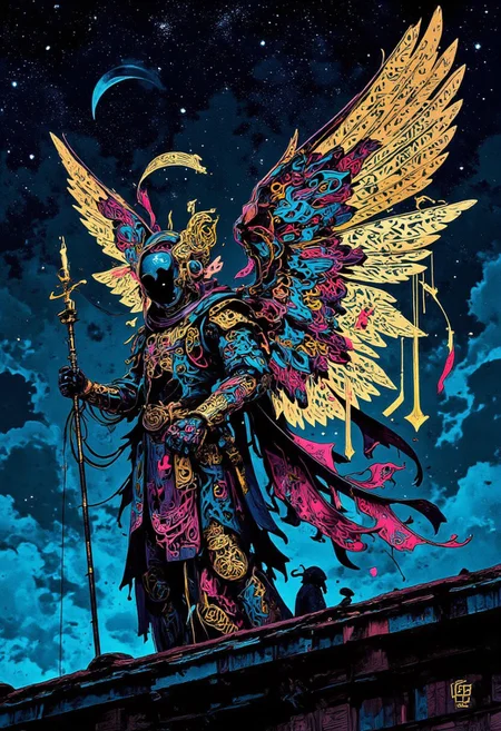 A cyborg angel with delicate filigree neon wings. wings are made of detailed and elegant calligraphic glowing symbols. Calligraffiti,
Her robotic body is mage of delicate porcelain and gold resembling delicate porcelain puppet.
standing on the edge of a roof, bright luminous starry night, very intricate, very detailed, sharp, bright, colorful,