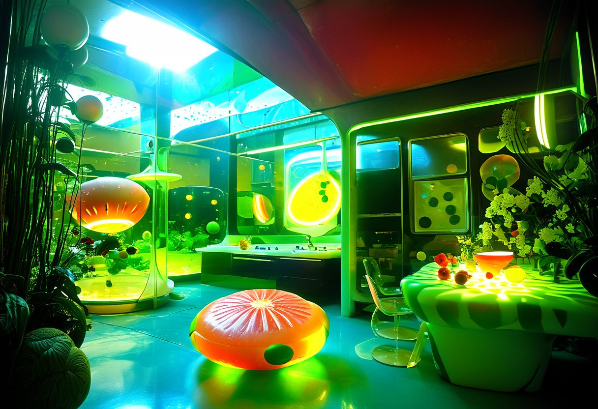 Photograph, masterpiece,best quality, of An astonishing award winning, art installation, the interior of an incredible starship, poly acrylic resin molded glowing watermelon sculptures, fake plastic flowers, 1970s Brazilian Tropicalia retrofuturism, in the style of Pipilotti Rist, complex shadows, retro, science fiction style