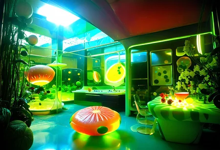Photograph, masterpiece,best quality, of An astonishing award winning, art installation, the interior of an incredible starship, poly acrylic resin molded glowing watermelon sculptures, fake plastic flowers, 1970s Brazilian Tropicalia retrofuturism, in the style of Pipilotti Rist, complex shadows, retro, science fiction style