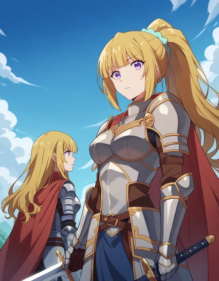 score_9, score_8_up, score_7_up, source_anime, keikaruizawa, <lora:kei-karuizawa-anime-s2-ponyxl-lora-nochekaiser:1>, kei karuizawa, long hair, bangs, blunt bangs, purple eyes, blonde hair, hair ornament, ponytail, scrunchie, blue scrunchie, medium breasts,, <lora:knight-ponyxl-lora-nochekaiser:1>, knight, armor, cape, sword, weapon, holding weapon, shoulder armor, gauntlets, helmet, pauldrons, red cape,, blue sky, clouds, from below, parted lips, looking at viewer