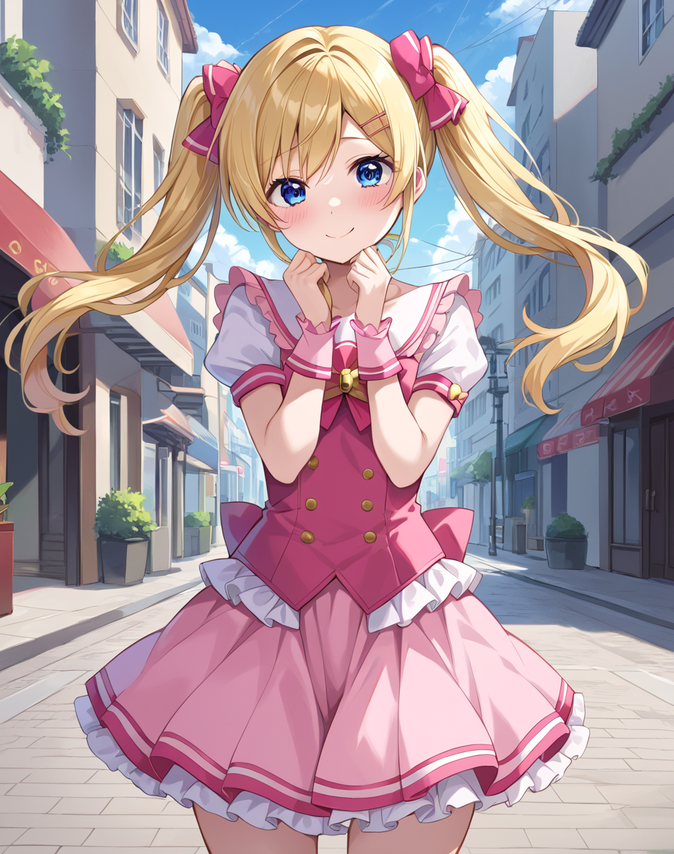 arisugawa_hakua, blonde hair, long hair, blue eyes, twintails, magical girl , pink skirt, pink dress, bell skirt , hair ribbons BREAK outdoors, city street   BREAK cowboy shot, shy smile, blush, looking at viewer, idol pose, cute poseBREAK score_9, score_8_up, score_7_up, source_anime ,zPDXL<lora:Arisugawa_Hakua:0.8>