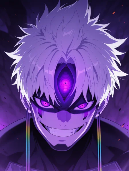 masterpiece, best quality, amazing quality, Evil eye, evil smile, grin, 1boy, white hair, facial mark, teeth