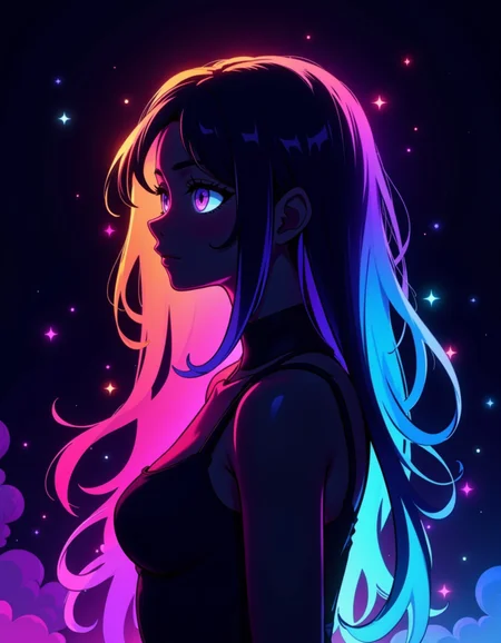 Flat colour anime style image showing rainbow colored silhoutte outline against a dark background, adult woman, magical fantasy, plasma pattern