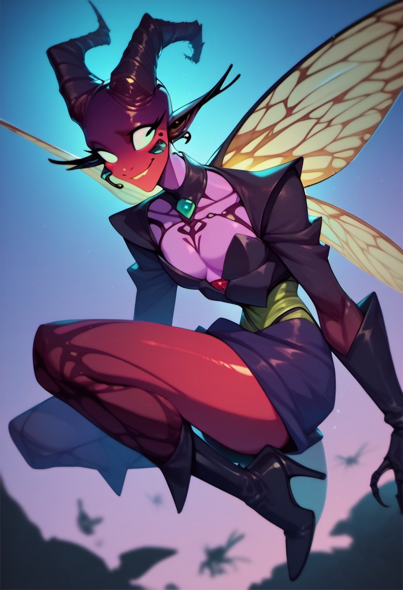 score_9, score_8_up, score_7_up, score_6_up, dark faerie, flying at night, beautiful face, heavy black boots, highly detailed, insect wings, monster boy, perfect eyes looking at viewer, cyan and magenta, colored skin,