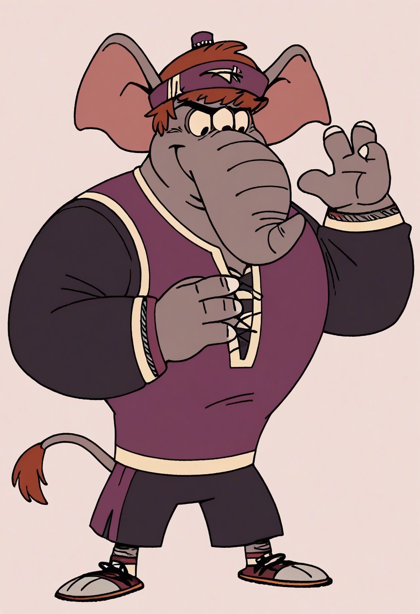 (score_9 | score_8_up | score_7_up)
((masterpiece:1))(best quality,very high quality,ultra detailed:1.2)
(2D,cartoon style,anime style)(Smooth:2)(clean blurring)
(four fingers on each hand,one thumb on each hand:1), Abu elephant, solo, brown hair, grey skin, black eyes, trunk, trunk nose, elephant trunk, elephant ears, monkey tail, purple vest, red and purple hat, alien, muscular, +++three eyes, extra eye, grey skin color, full body