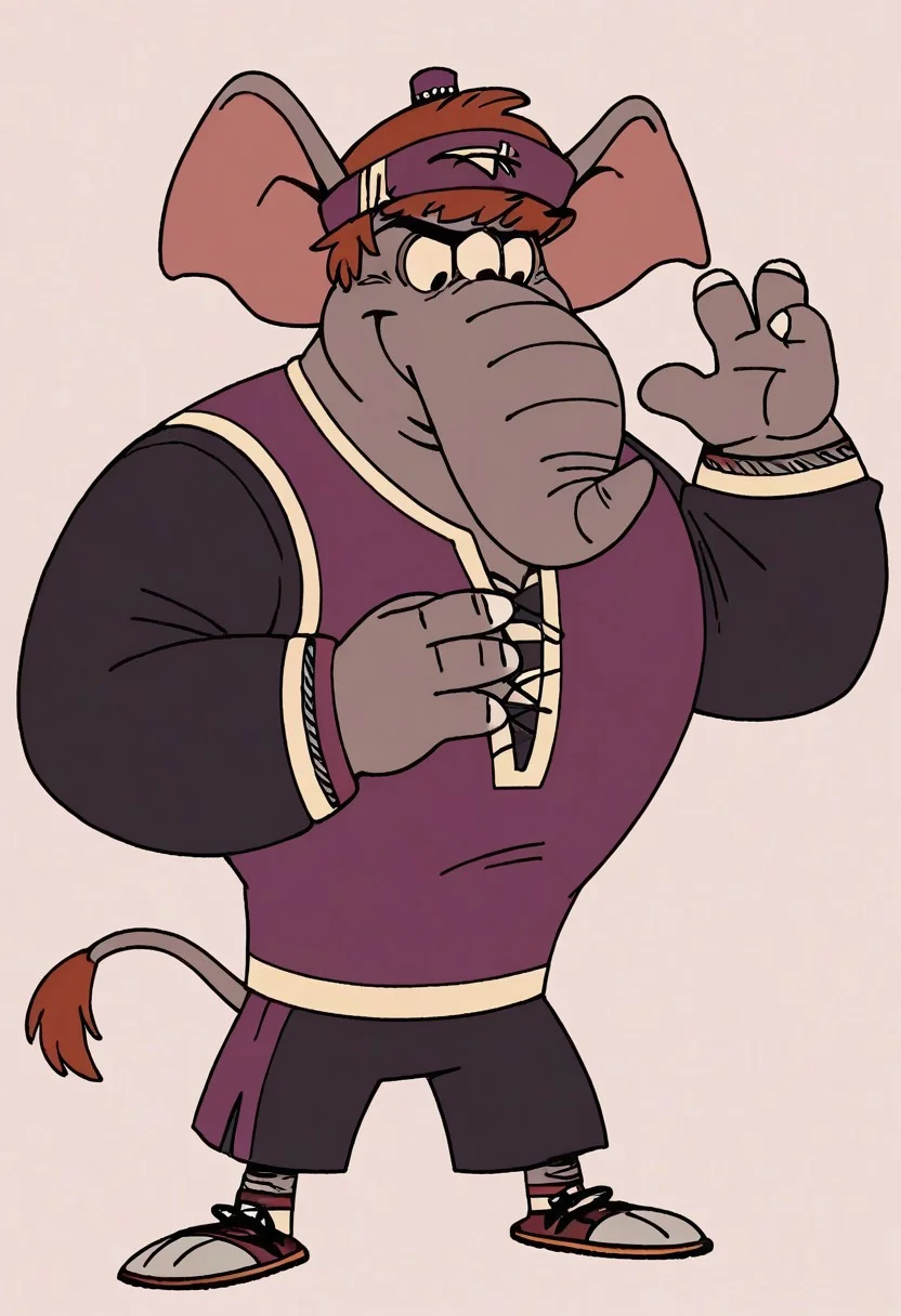 (score_9 | score_8_up | score_7_up)
((masterpiece:1))(best quality,very high quality,ultra detailed:1.2)
(2D,cartoon style,anime style)(Smooth:2)(clean blurring)
(four fingers on each hand,one thumb on each hand:1), Abu elephant, solo, brown hair, grey skin, black eyes, trunk, trunk nose, elephant trunk, elephant ears, monkey tail, purple vest, red and purple hat, alien, muscular, +++three eyes, extra eye, grey skin color, full body