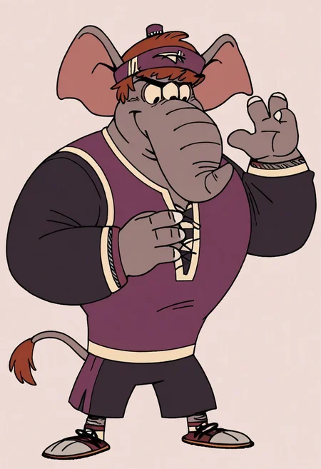 (score_9 | score_8_up | score_7_up)
((masterpiece:1))(best quality,very high quality,ultra detailed:1.2)
(2D,cartoon style,anime style)(Smooth:2)(clean blurring)
(four fingers on each hand,one thumb on each hand:1), Abu elephant, solo, brown hair, grey skin, black eyes, trunk, trunk nose, elephant trunk, elephant ears, monkey tail, purple vest, red and purple hat, alien, muscular, +++three eyes, extra eye, grey skin color, full body