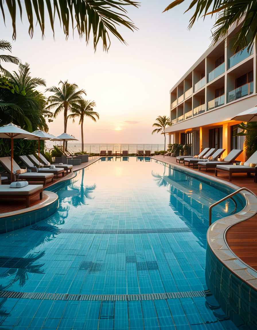 A luxurious hotel swimming pool at sunset, surrounded by elegant lounge chairs and palm trees. The crystal-clear water reflects the warm hues of the sky, creating a serene and inviting atmosphere. The pool has an infinity edge overlooking a breathtaking ocean view, with soft ambient lighting enhancing the tranquil mood. The surrounding area is immaculately maintained, with neatly arranged sunbeds, stylish umbrellas, and a sleek modern poolside bar in the background. The scene is captured in ultra-high resolution, with photorealistic details emphasizing the shimmering water, the textures of the pool tiles, and the gentle movement of palm leaves in the evening breeze.
<lora:SDXLFaeTastic2400:0.4> <lora:extremely_detailed:0.4> extremely detailed, <lora:hotel_sw1mm1ng_p00l:1>,hotel sw1mm1ng p00l, Masterpiece,best quality,hi res,8k,hi res,8k,award winning,(sharp focus, intricate, highly detailed),
