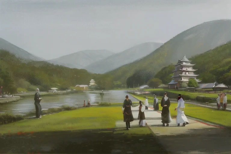 a painting of people walking around a park with a pagoda in the background and a lake in the foreground