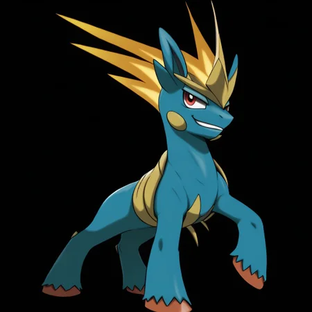<lora:pokemon_pony_xl:1.0>, character, fake pokemon, ken sugimori art style, a cartoon monkey character with a spiky yellow flame-like hairstyle and intense red eyes with narrow black pupils. It features a large smile with uneven white teeth, blue skin, and a hint of facial hair above the upper lip. The character is wearing a costume with a blue and gold color scheme, including a high white collar and gold shoulder pads. The background is a muted gray tone.., score_9, score_8_up, (Masterpiece:1.3) (best quality:1.2) (high quality:1.1)