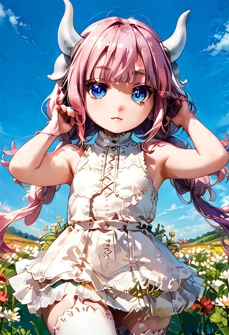 score_9, score_8_up, source_anime, masterpiece, bottom view, full body, (scenary:1.2),, vivid colors,, shiny skin,, realistic anime, Kanna_Kamui, blue_eyes, slit_pupils, pink_hair, low_twintails, long_hair, blunt_bangs, gradient_hair, flat_chest, dragon_horns, purple tail, white sundress,, white_thighhighs, sleeveless,, flower field, purity eyes, one arm on the head, grass field, cotton clouds, blue sky, animate, perfect style,