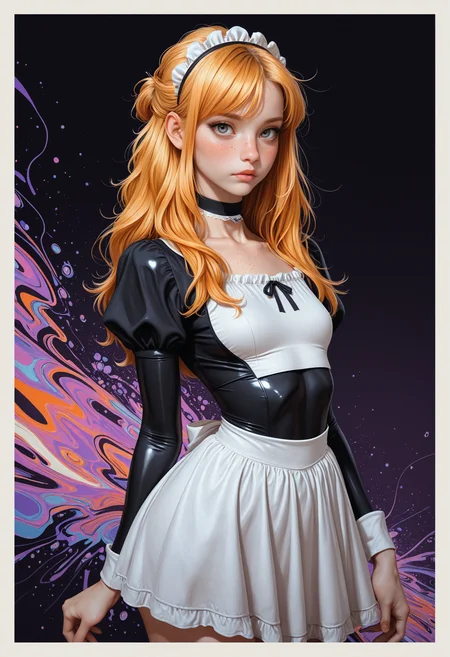 masterpiece, high_quality, highres, depth_of_field, subject_focus,
PG, woman, ginger_hair, blonde_hair, messy_hair, long_hair, half_updo, maid_hairband, maid_dress, skin_tight, eyelashes, sexy_pose, blush, hands_on_cheeks, dynamic_posinglow_squat, slim, choker, looking at viewer, cinematic, movie_shot, purple_background, white_background, black_background, fractal_background, abstract, dynamic, border_frame, thigh_up_shot, face_focus, freckles,