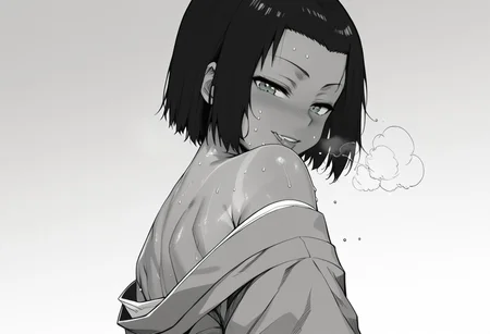 score_9,score_8_up,score_7_up,cinematic shadow,monochrome,(fullbody:0.7),
naughty face,sweat breath,half closed eyes,seductive pose,standing,back,kimono,
1boy,black hair,short hair,green eyes,forehead,swafragilenos,tanlines,<lora:swafragilenos:1>