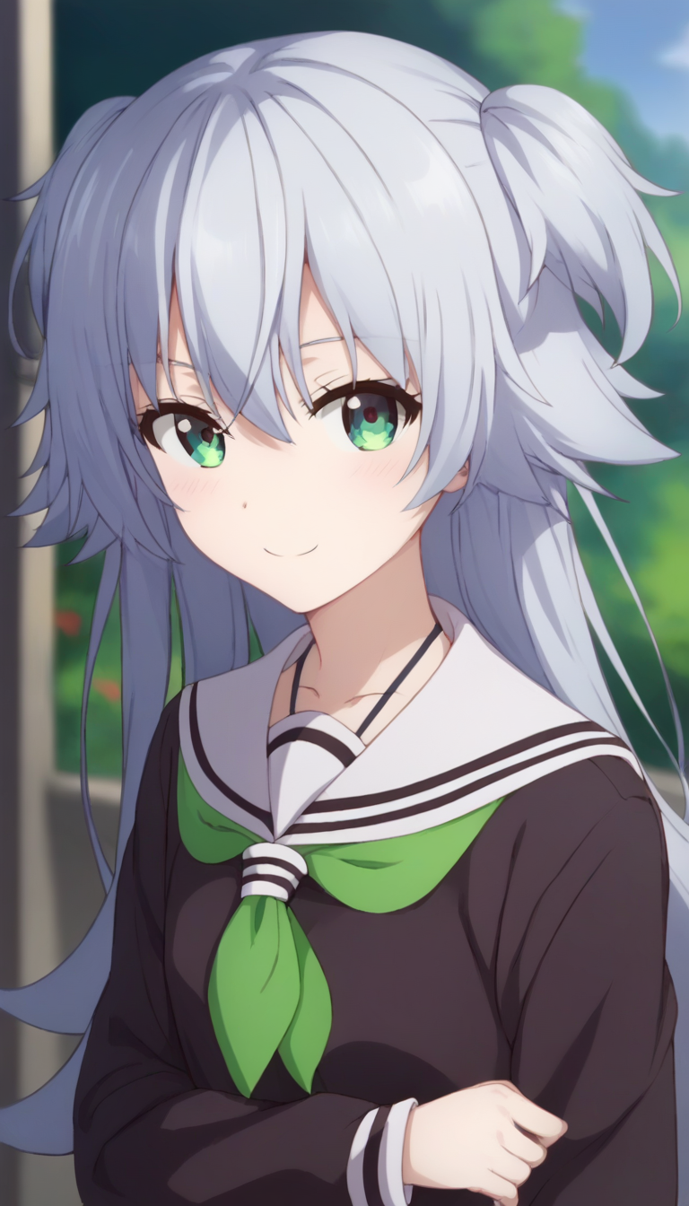score_9,score_8_up,score_7_up,score_6_up BREAK official art,solo,outdoors,upper body,(portrait:1.5),looking at viewer,facing viewer,smile,blush,(petite:1.5),Tenkuji Sora,very long hair,grey hair,two side up,hair between eyes,parted bangs,green eyes,school uniform,white sailor collar,black shirt,green neckerchief,long sleeves,small breasts,miniskirt,black skirt,pleated skirt,zettai ryouiki,white thighhighs,loafers,<lora:Tenkuji Sora(dhh)-Pony:1.8>,
