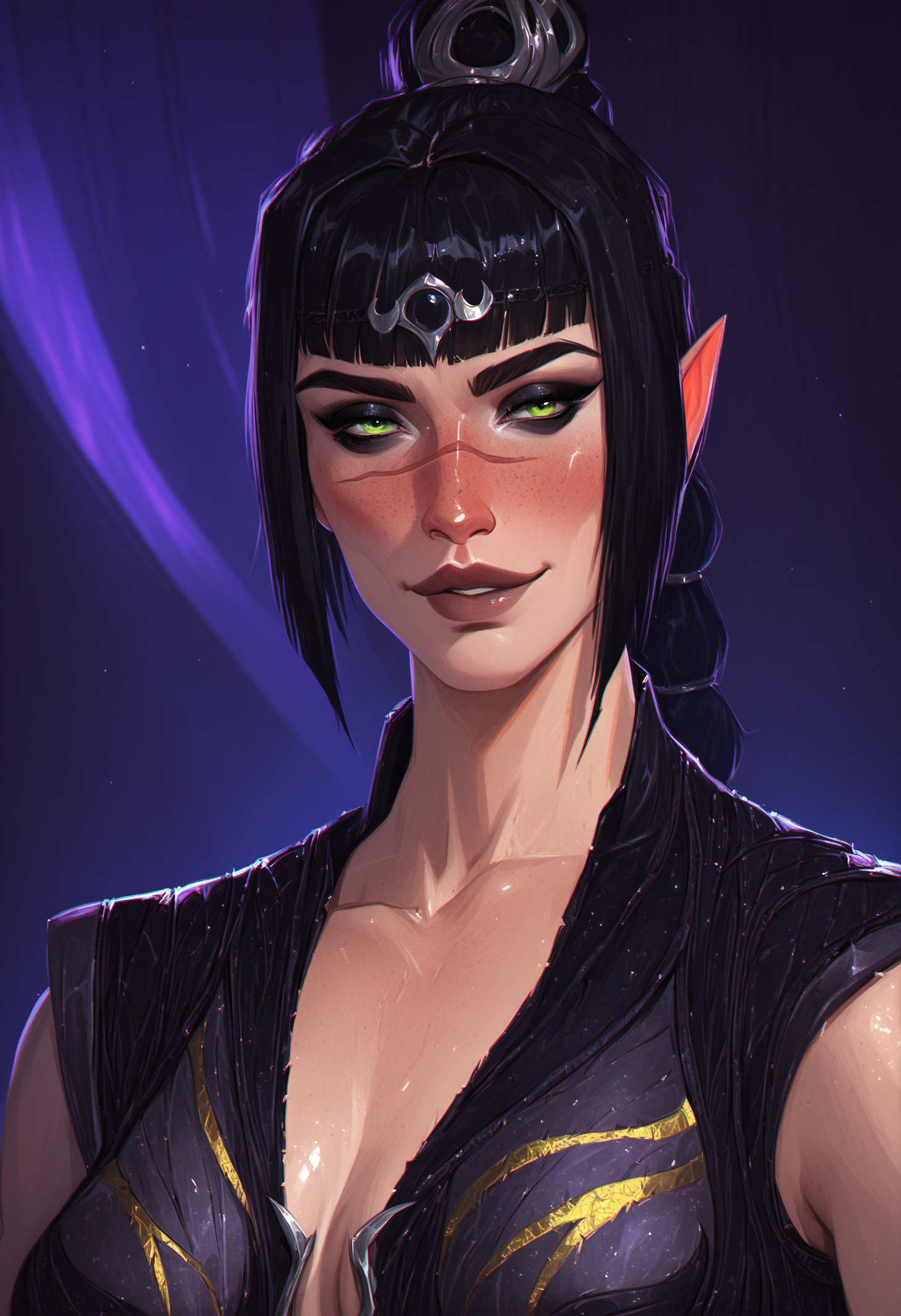 (EyesHD:1.2), masterpiece, best quality, amazing quality, highres, absurdres, very aesthetic, very awa, western, cartoon, shiny skin, skindentation, nosima, laurelin, nilual, chromatic aberration,, 1girl, solo, shadef, green eyes, black eyeliner, freckles, pointy ears, long hair, hair ornament, high ponytail, braided ponytail, medium breasts, scar on nose, black hair, blunt bangs, sidelocks, grey diadem, blush, lips, parted lips, 
BREAK,
shacam, collarbone, sleeveless vest, black vest, leather vest, (yellow embroidery:1.1), plunging neckline, space print,, looking at viewer, close-up, face focus, portrait, seductive smile, 
BREAK,
blurry background, purple tent,, raytracing, hyper detailed, volumetric lighting, lazypos, intricate details, fhanddetailxl, <lora:Shadowheart-NoobAi-1.1_V2-Manityro-CAME:1.0000000000000002> <lora:AmiThompson-adafactor-guy90:0.8000000000000002> <lora:laurelin-guy90-Illust-LoraV1:0.7000000000000002> <lora:ykshelter:0.7000000000000002> <lora:spo_sdxl_10ep_4k-data_lora_webui:0.15000000000000002>