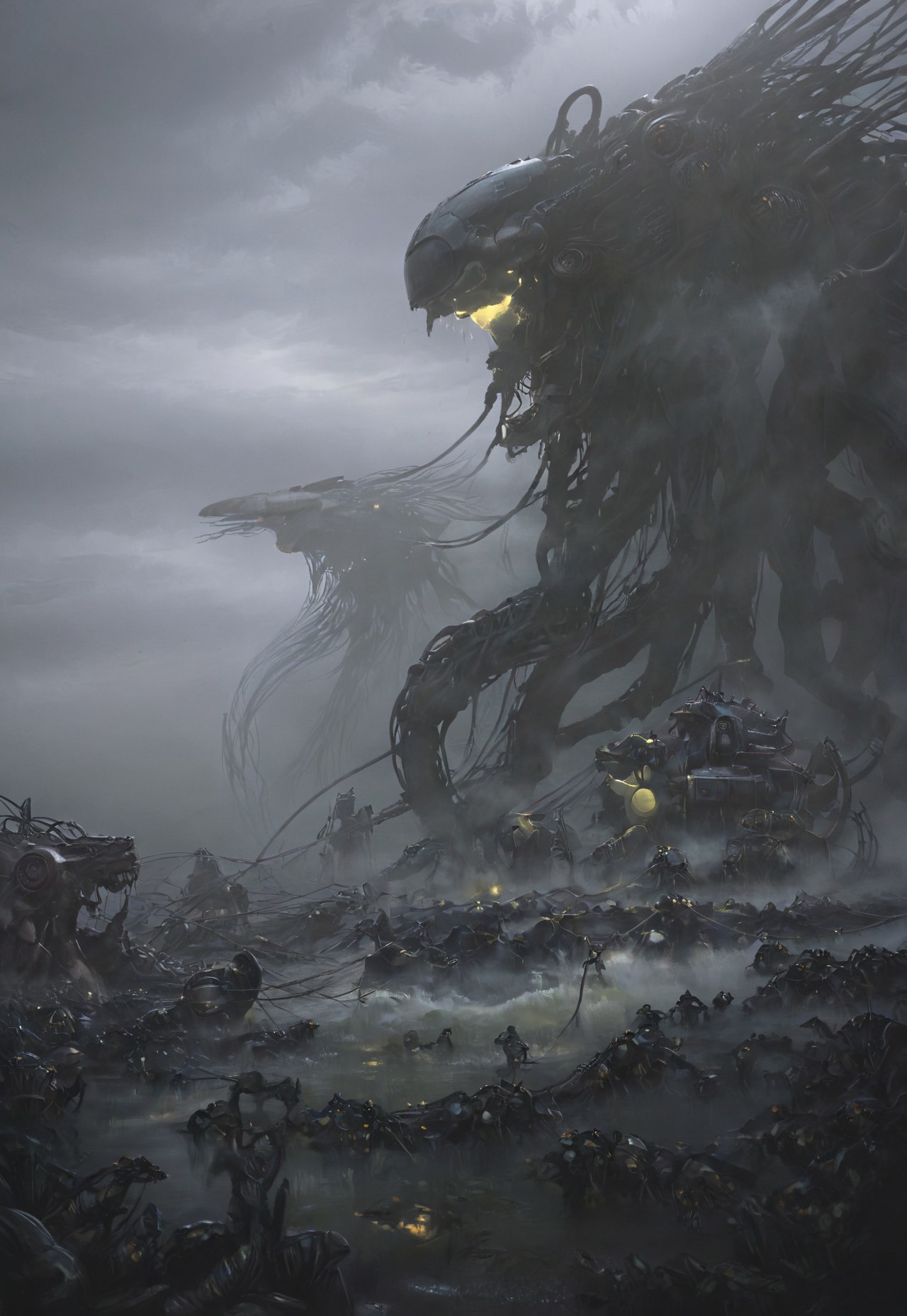 the flood halo, by Peter gric, H.R Giger, Chris Cold, by Florent Desailly, , (((the electric state book by Simon Stalenhag))), , alien race, by Peter gric, H.R Giger, Chris Cold, by Florent Desailly, alien race, horror, post apocalyptic