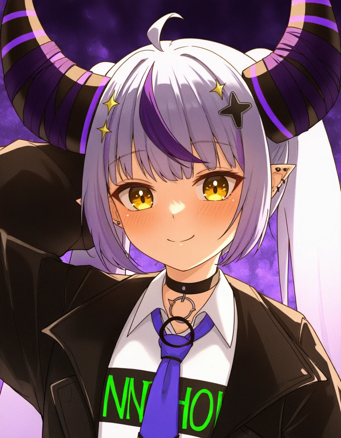 quragenomiken, 1girl, solo, long hair, looking at viewer, blush, smile, shirt, hair ornament, twintails, jacket, white shirt, yellow eyes, grey hair, ahoge, purple hair, multicolored hair, horns, necktie, collared shirt, choker, pointy ears, virtual youtuber, official alternate costume, streaked hair, black jacket, black choker, piercing, demon horns, ear piercing, arm behind head, black horns, crescent hair ornament, cross hair ornament, purple necktie, striped horns, sparkle hair ornament, la+ darknesss, <lora:quragenomiken:0.7>, film grain