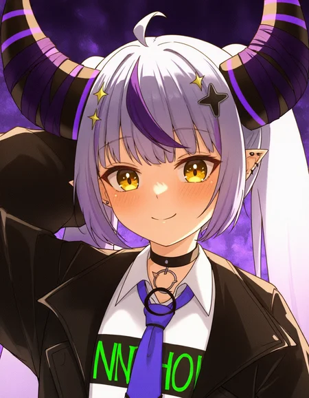 quragenomiken, 1girl, solo, long hair, looking at viewer, blush, smile, shirt, hair ornament, twintails, jacket, white shirt, yellow eyes, grey hair, ahoge, purple hair, multicolored hair, horns, necktie, collared shirt, choker, pointy ears, virtual youtuber, official alternate costume, streaked hair, black jacket, black choker, piercing, demon horns, ear piercing, arm behind head, black horns, crescent hair ornament, cross hair ornament, purple necktie, striped horns, sparkle hair ornament, la+ darknesss, <lora:quragenomiken:0.7>, film grain