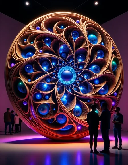 A stunning retro-style sculpture made from walnut wood with a complex fractal design, showcased in a sleek New York gallery. The smooth, mid-century curves of the walnut wood are intricately carved into repeating geometric patterns, with shimmering blue glass elements embedded throughout. The blue glass catches the galleryâs spotlight, reflecting light in vibrant, cool tones against the warm, rich walnut surface. Neon purple, green, and orange LED lights surround the sculpture, casting an ethereal glow and creating dynamic reflections off the glass and wood. Shadowy figures of gallery visitors stand nearby, their silhouettes subtly illuminated by the colorful lights as they gaze at the mesmerizing blend of retro artistry and modern materials
<lora:ral-frctlgmtry_flux:0.8> ral-frctlgmtry <lora:woodfigurez:0.8> woodfigurez
