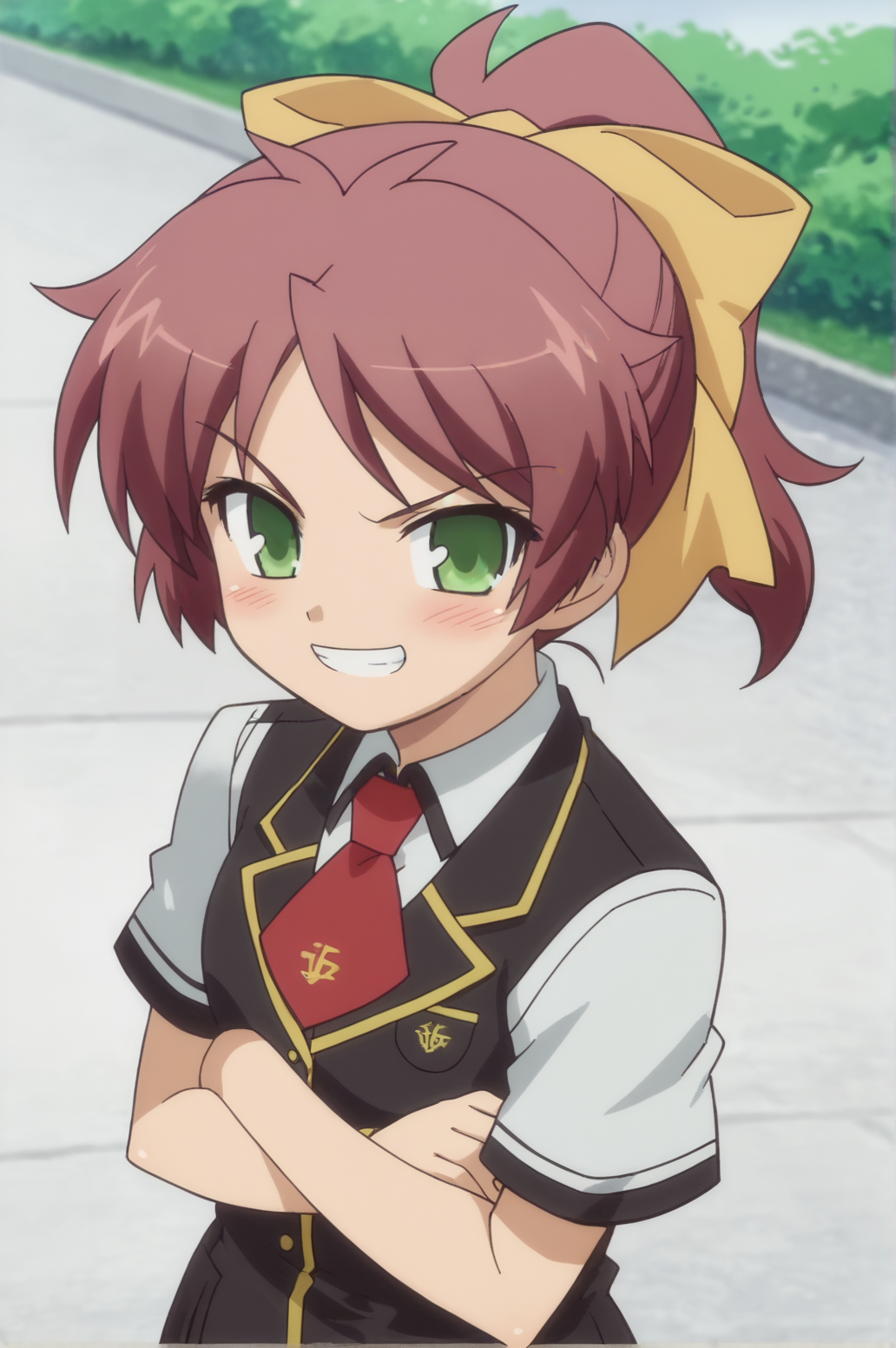 score_9, score_8_up, score_7_up,anime_source, source_anime, best background, detailed background, anime screencap,  Minami, 1girl, blush, hair ribbon, smile, solo, grin, cowboy shot,  from above, cross arms, tsundere,  school uniform,   <lora:Minami_Shimada:0.8>