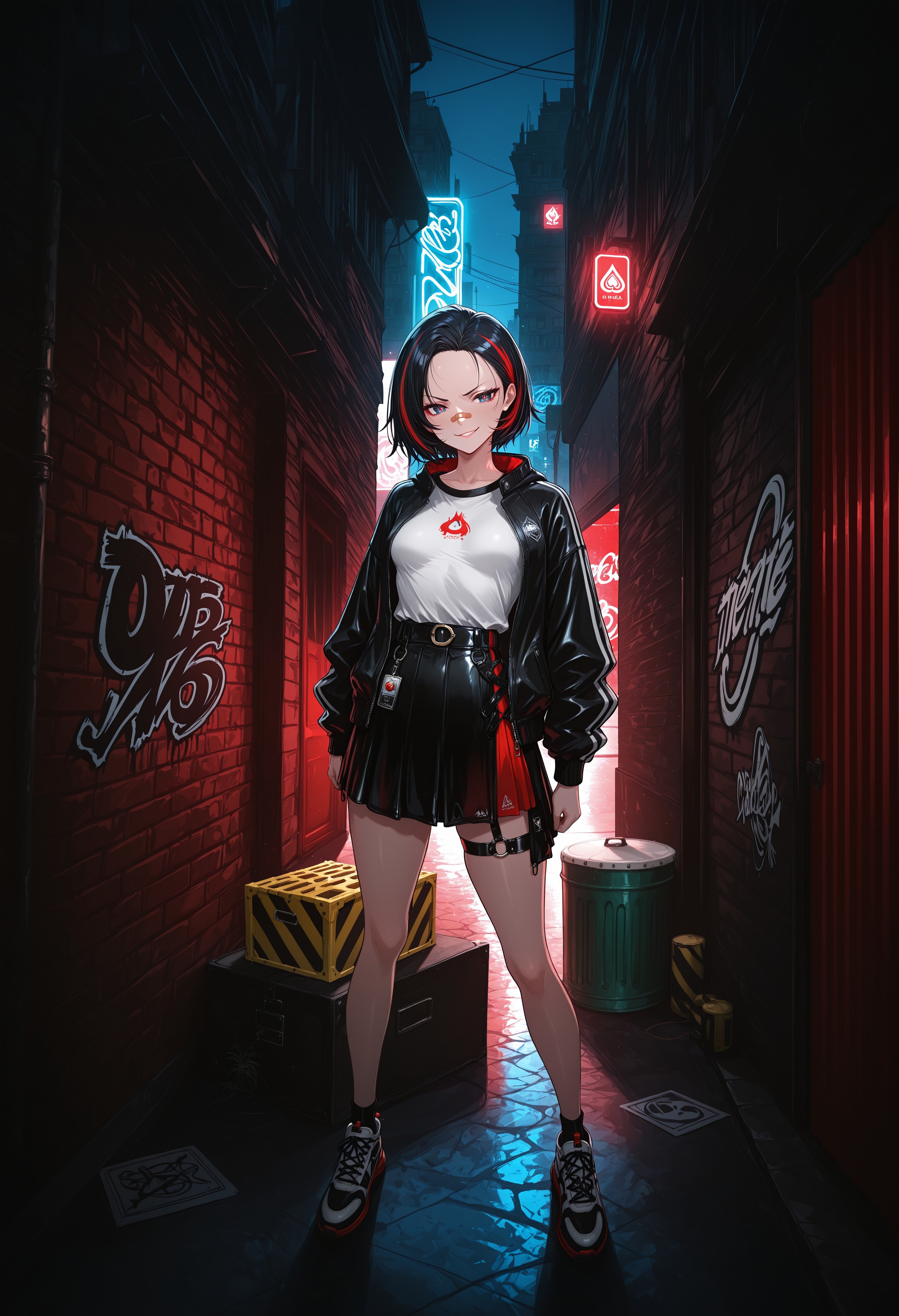 1rregular_b0, hyperdetailed_bg, (realistic_bg:1.4),  (full_bg:1.4), ((detailed background, outdoors, dynamic background, uncommon angle), dark alley, graffiti, night, builings, city_theme, barricade, barricade-tape, red background,

(1 girl, solo, standing, legs apart, smirking, bandaid on nose), (techwear, jacket, white inner shirt, skirt, thigh strap, stockings, sport shoes), ((great anatomy, correct anatomy, akariL, wide forehead, black hair, short hair, red_streaked_hair, greenish_grey_pupils, red_iris, small breasts)),

front view, eye level,

((masterpiece, absurdres, newest, best quality, visual impact, very aesthetic, perfect quality, absolutely eye-catching)), 4K, detailed facial features, detailed clothing features, detailed texture, 