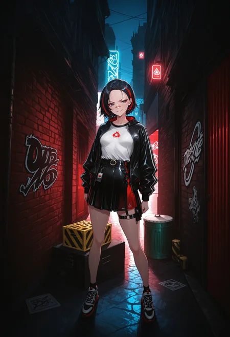 1rregular_b0, hyperdetailed_bg, (realistic_bg:1.4), (full_bg:1.4), ((detailed background, outdoors, dynamic background, uncommon angle), dark alley, graffiti, night, builings, city_theme, barricade, barricade-tape, red background,
(1 girl, solo, standing, legs apart, smirking, bandaid on nose), (techwear, jacket, white inner shirt, skirt, thigh strap, stockings, sport shoes), ((great anatomy, correct anatomy, akariL, wide forehead, black hair, short hair, red_streaked_hair, greenish_grey_pupils, red_iris, small breasts)),
front view, eye level,
((masterpiece, absurdres, newest, best quality, visual impact, very aesthetic, perfect quality, absolutely eye-catching)), 4K, detailed facial features, detailed clothing features, detailed texture,