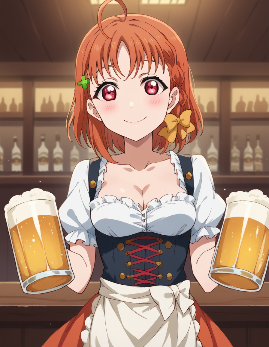score_9, score_8_up, score_7_up, source_anime, <lora:chika-takami-s2-ponyxl-lora-nochekaiser:1>, chika takami, short hair, hair ornament, red eyes, bow, braid, ahoge, hair bow, orange hair, side braid, yellow bow, clover hair ornament,, <lora:dirndl-ponyxl-lora-nochekaiser:1>, dirndl, german clothes, beer mug, collarbone, cleavage, beer, underbust, waist apron,, indoors, bar, smile, blush,, , cowboy shot, dutch angle