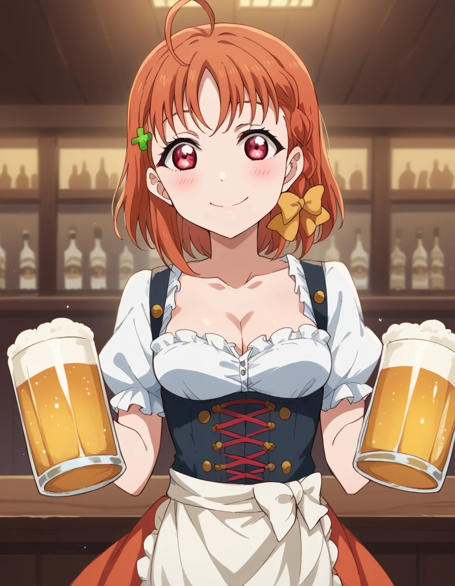 score_9, score_8_up, score_7_up, source_anime, <lora:chika-takami-s2-ponyxl-lora-nochekaiser:1>, chika takami, short hair, hair ornament, red eyes, bow, braid, ahoge, hair bow, orange hair, side braid, yellow bow, clover hair ornament,, <lora:dirndl-ponyxl-lora-nochekaiser:1>, dirndl, german clothes, beer mug, collarbone, cleavage, beer, underbust, waist apron,, indoors, bar, smile, blush,, , cowboy shot, dutch angle