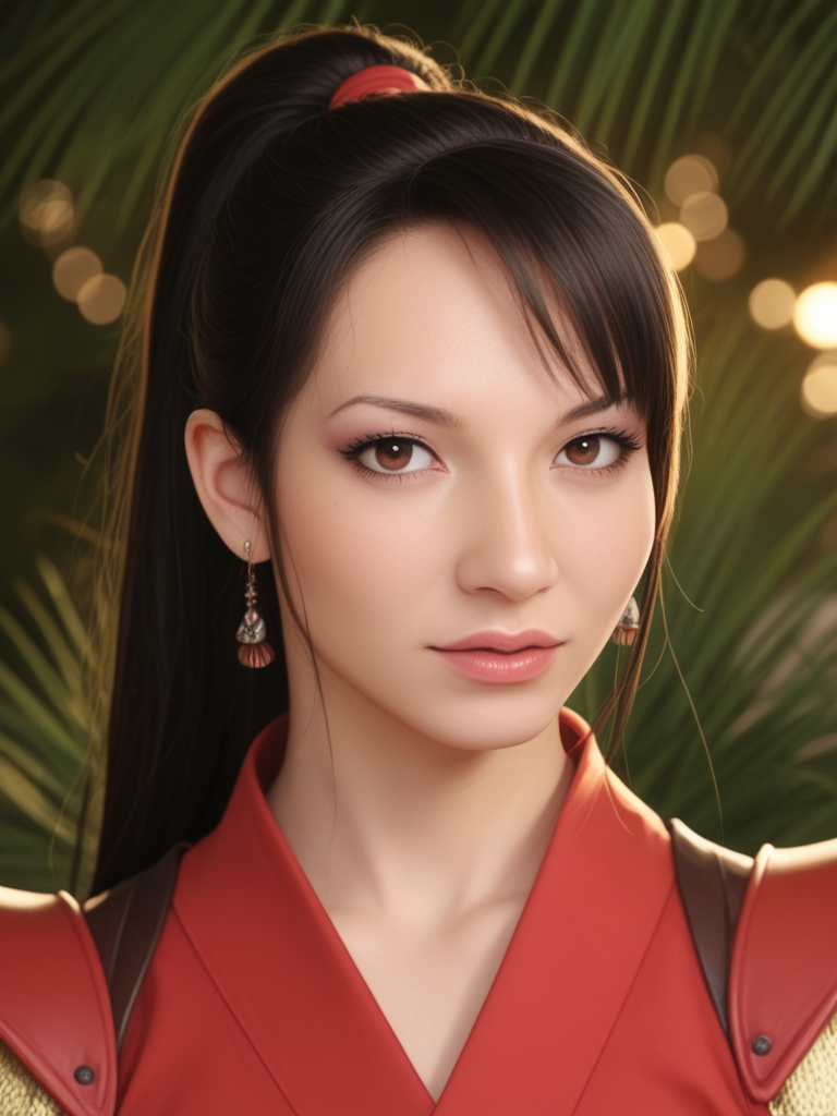 score_9, score_8_up, score_7_up, SabrinaK4mo3i, Sabrina Kamoei, <lora:SabrinaK4mo3i-pony:1>,  cinematic, ultra detailed, portrait, 1girl, makeup, lips, long hair, high ponytail, bangs, dark hair, big lips, wearing red samurai armor, tropical, 1960s, solo, looking at viewer, bokeh, focus, film, velvia, artistic, best quality, photograph, focus, face focused, magic hour, photography, warm light, sunset, movie still,