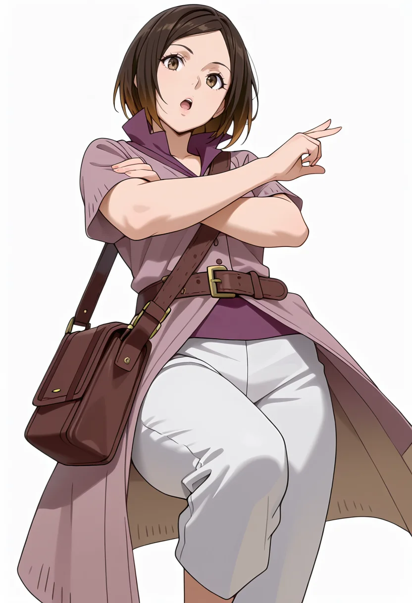 Smooth Quality,masterpiece,very intricate, high quality details, ultra realistic, high detailed skin,detailed enviorement,absurdres,
simple background, white background,solo,
dynamic pose, arms crossed, one leg bent, confident stance, slight head tilt, relaxed hands, ,from below,open mouth,
<lora:Kirara_Mizutani_cnn:0.8> 1girl, short hair, brown hair, multicolored hair, two-tone hair, brown eyes, at viewer, upper body,shirt, short sleeves, collared shirt, coat, pants, purple shirt,brown belt, shoulder bag,
