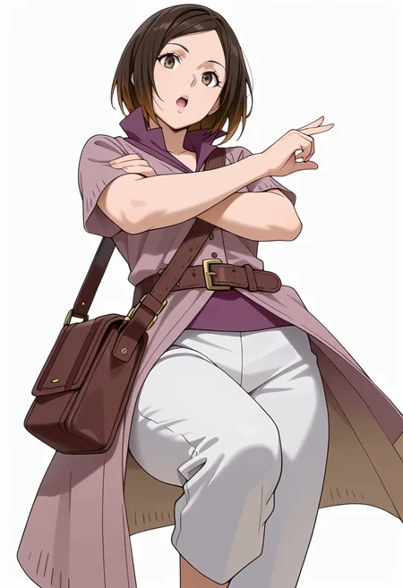 Smooth Quality,masterpiece,very intricate, high quality details, ultra realistic, high detailed skin,detailed enviorement,absurdres,
simple background, white background,solo,
dynamic pose, arms crossed, one leg bent, confident stance, slight head tilt, relaxed hands, ,from below,open mouth,
<lora:Kirara_Mizutani_cnn:0.8> 1girl, short hair, brown hair, multicolored hair, two-tone hair, brown eyes, at viewer, upper body,shirt, short sleeves, collared shirt, coat, pants, purple shirt,brown belt, shoulder bag,