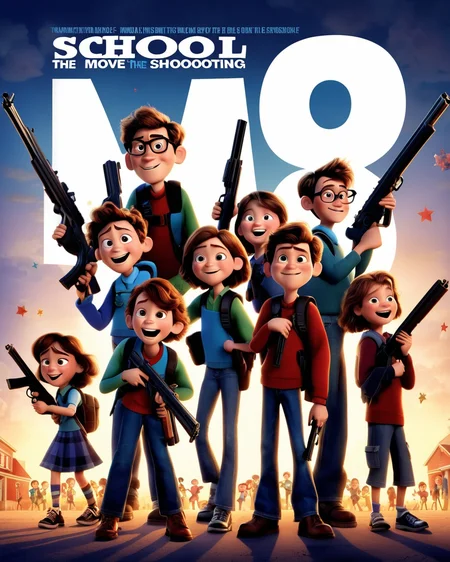 pixar movie poster featuring bunch of happy kids with guns, (text "School shooting: the movie":1.1)
